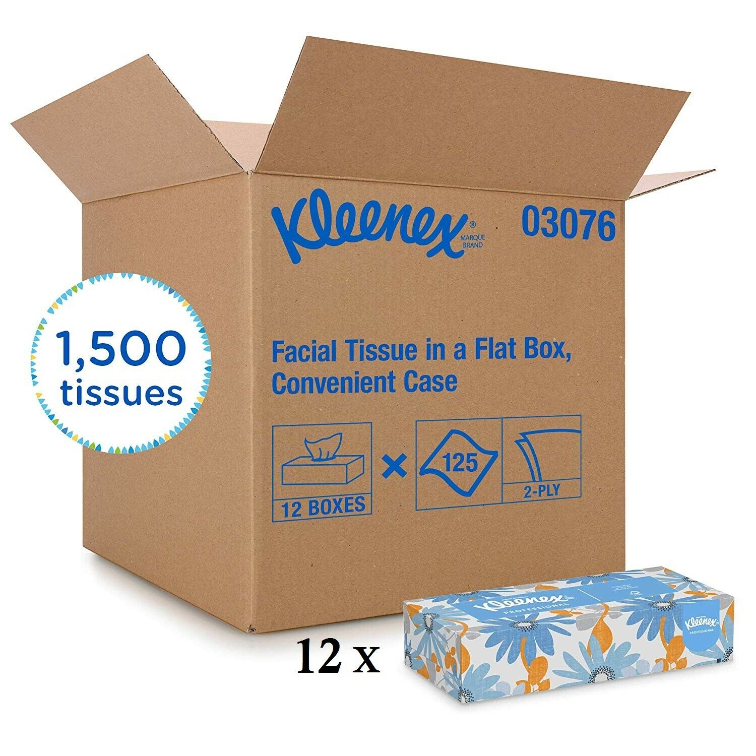 Kleenex 2-ply Premium Facial Tissues, White, 12 Boxes In Case, 125 Tissues / Box