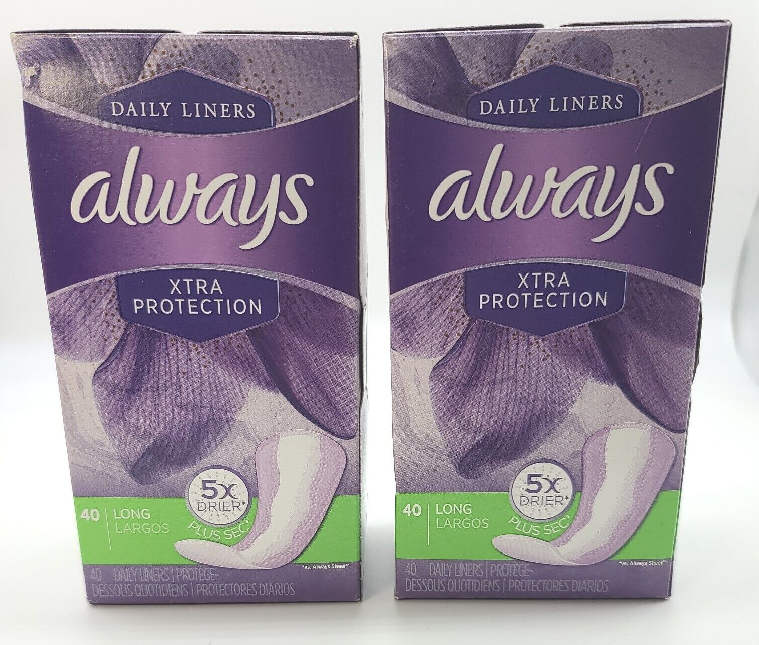 Always Xtra Protection Daily Liners, Long Unscented Lot Of (2) 40 Ct Boxes 80tl
