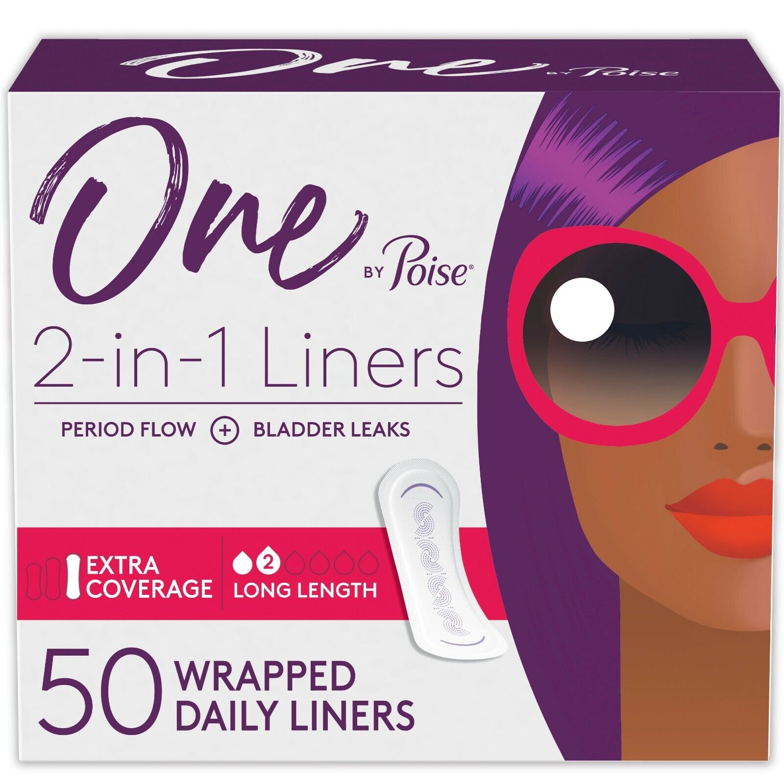 One By Poise Panty Liners 2-in-1 Period Bladder Leakage Extra Coverage 50 Count