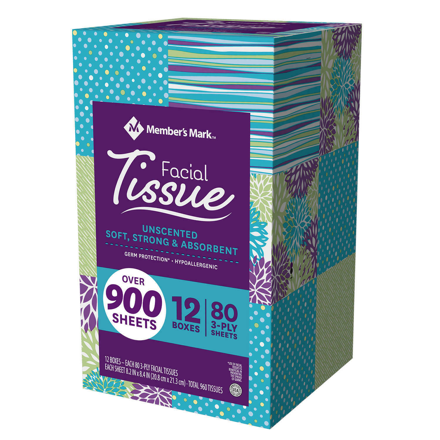 Member's Mark Ultra Soft Facial Tissues, 12 Cube Boxes, 3-ply Tissues (960 Ct.)