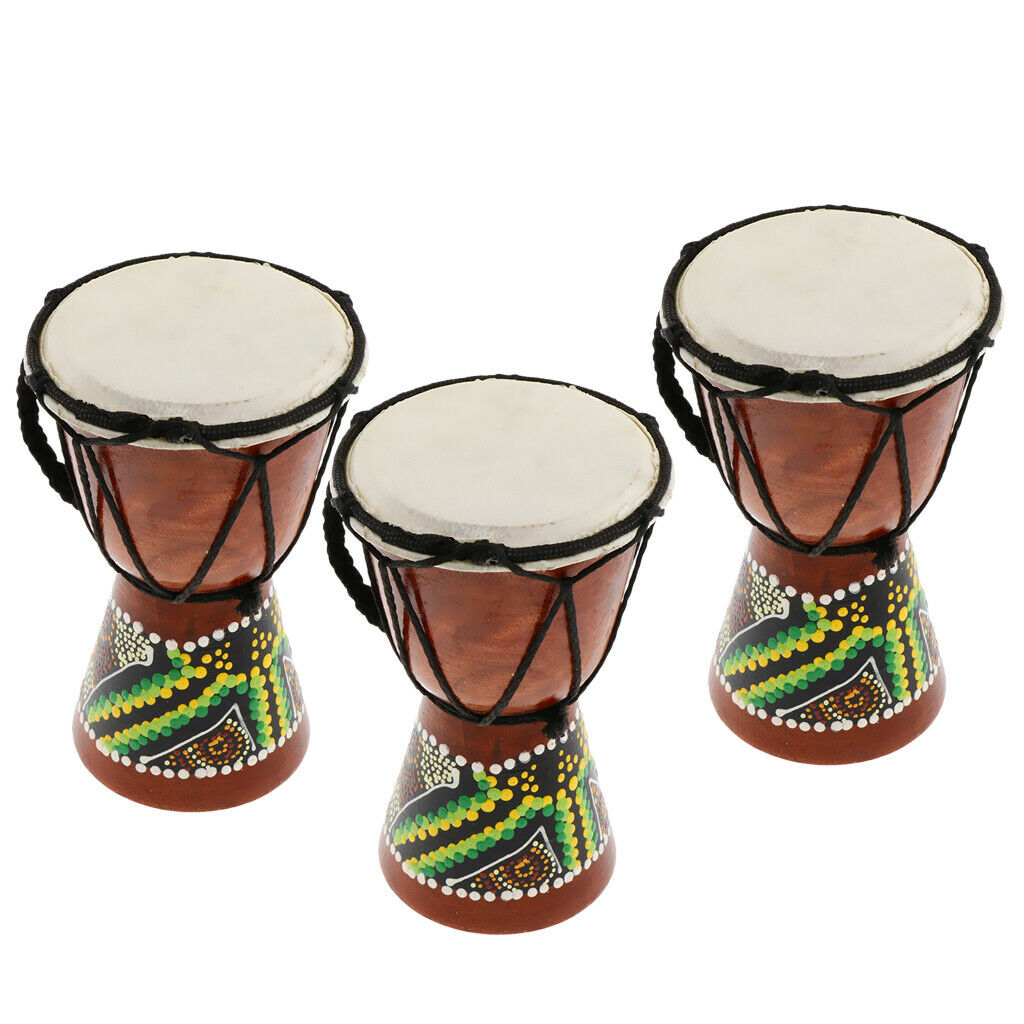 Pack Of 3 Djembe Mini African Hand Drums Rope Tuned Kids Tom Toy Music