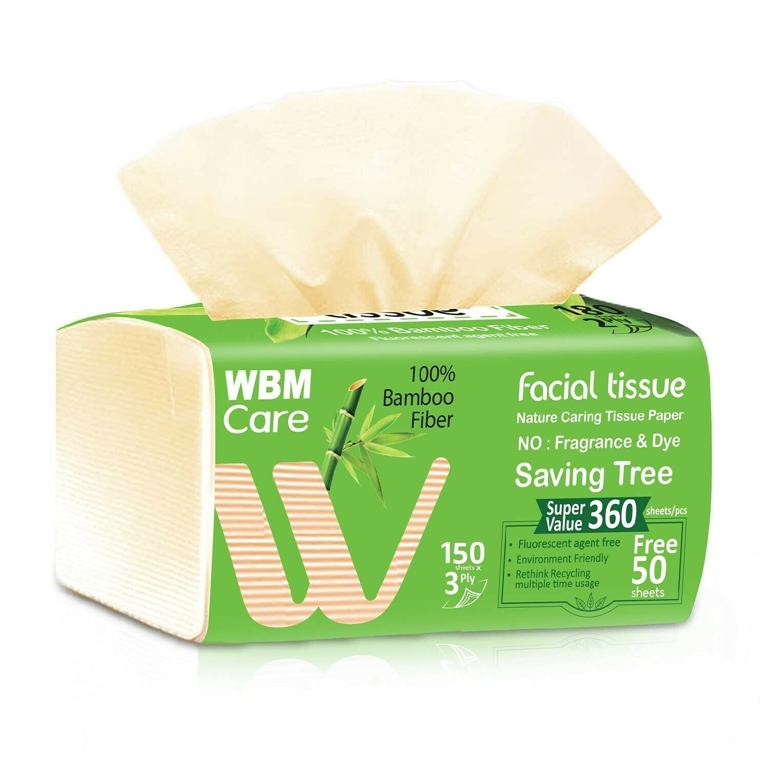 Wbm Care W8102m-b Soft Bamboo Facial 3 Ply, No Fragrance & Dye, 150 Tissues/b...