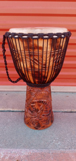 Sale! Handmade 24" Tall Deep Carved Djembe Drum M25, Dragons, Free Head Cover