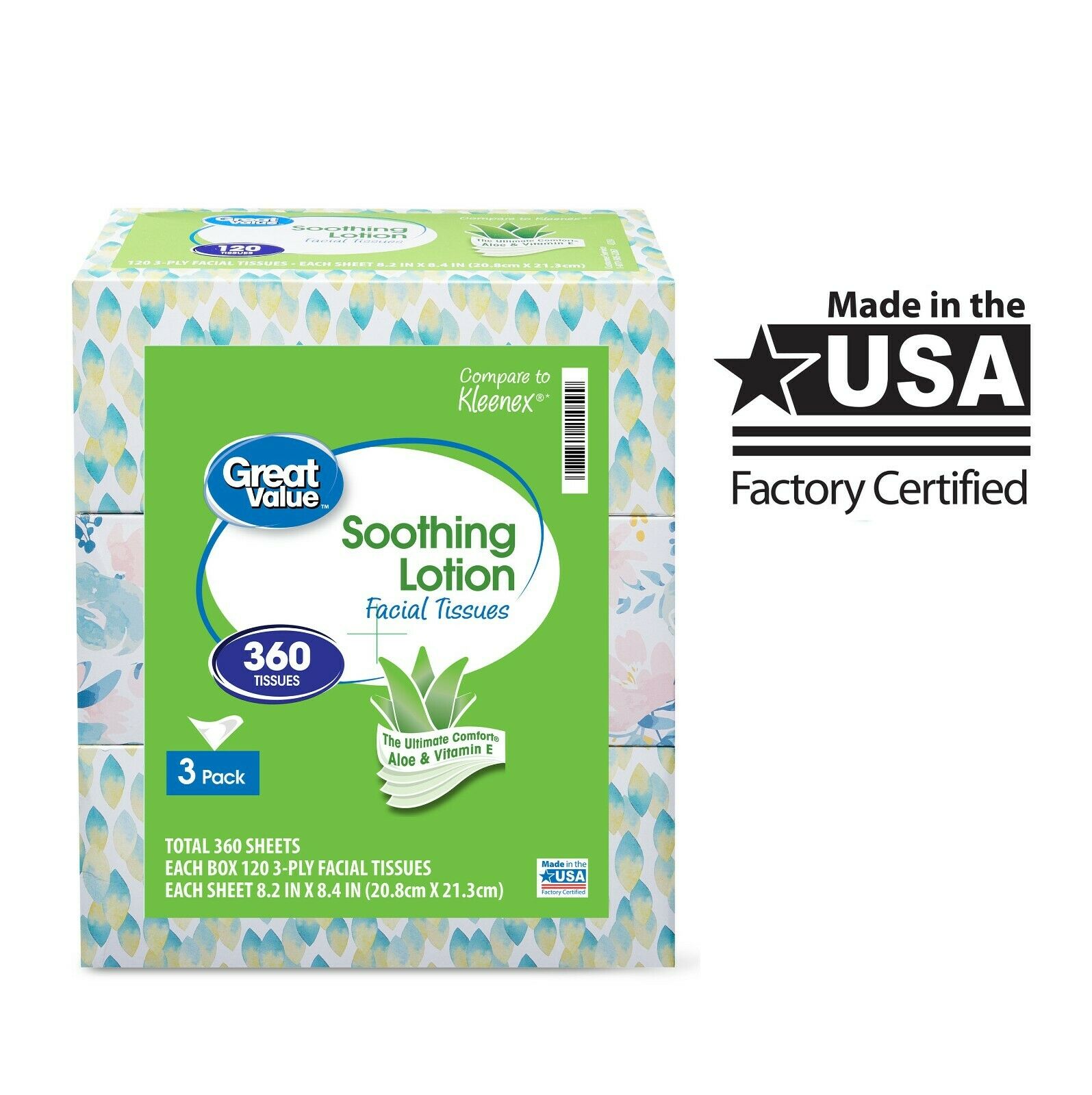 Great Value Lotion Soothing Facial Tissues, 3 Flat Boxes (360 Total Tissues)