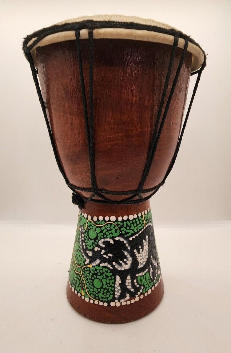 Djemble African Drum Instrument. 8”x 5” Round. Hand Painted Dots With Elephant
