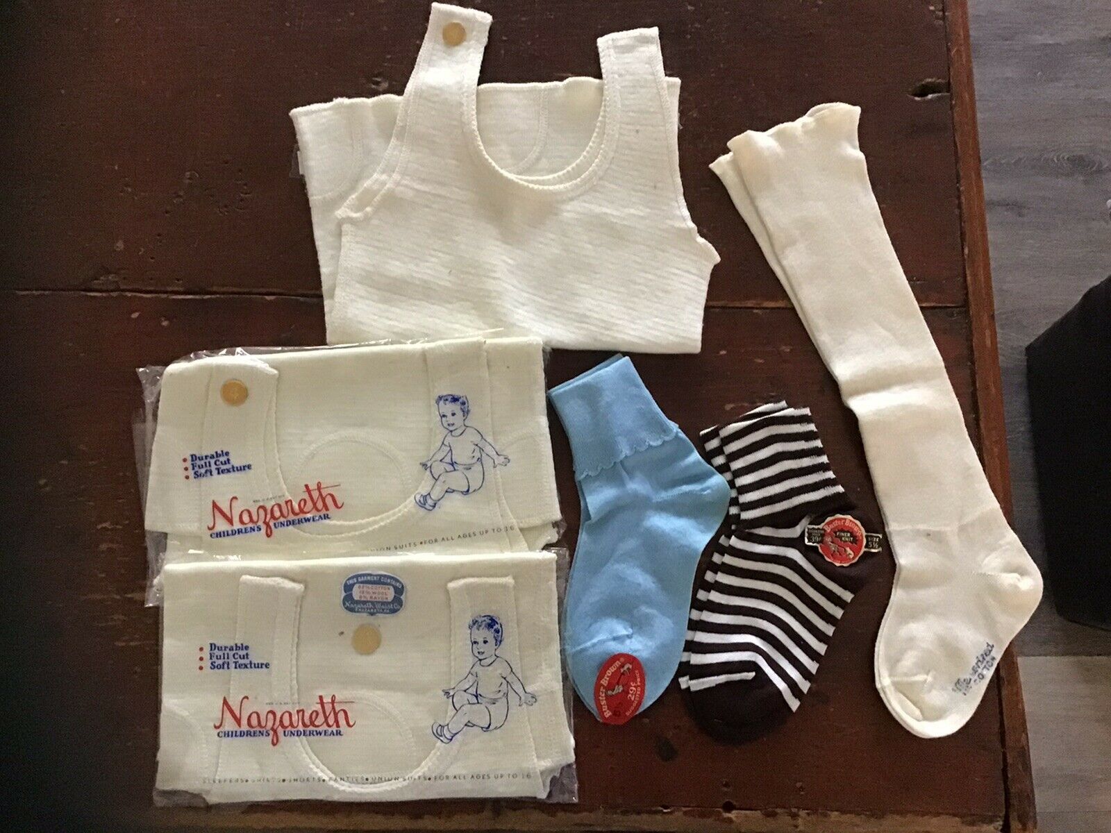 6pc Lot Vintage 1940-50s Baby Nazareth Undershirts Buster Brown Socks Nos