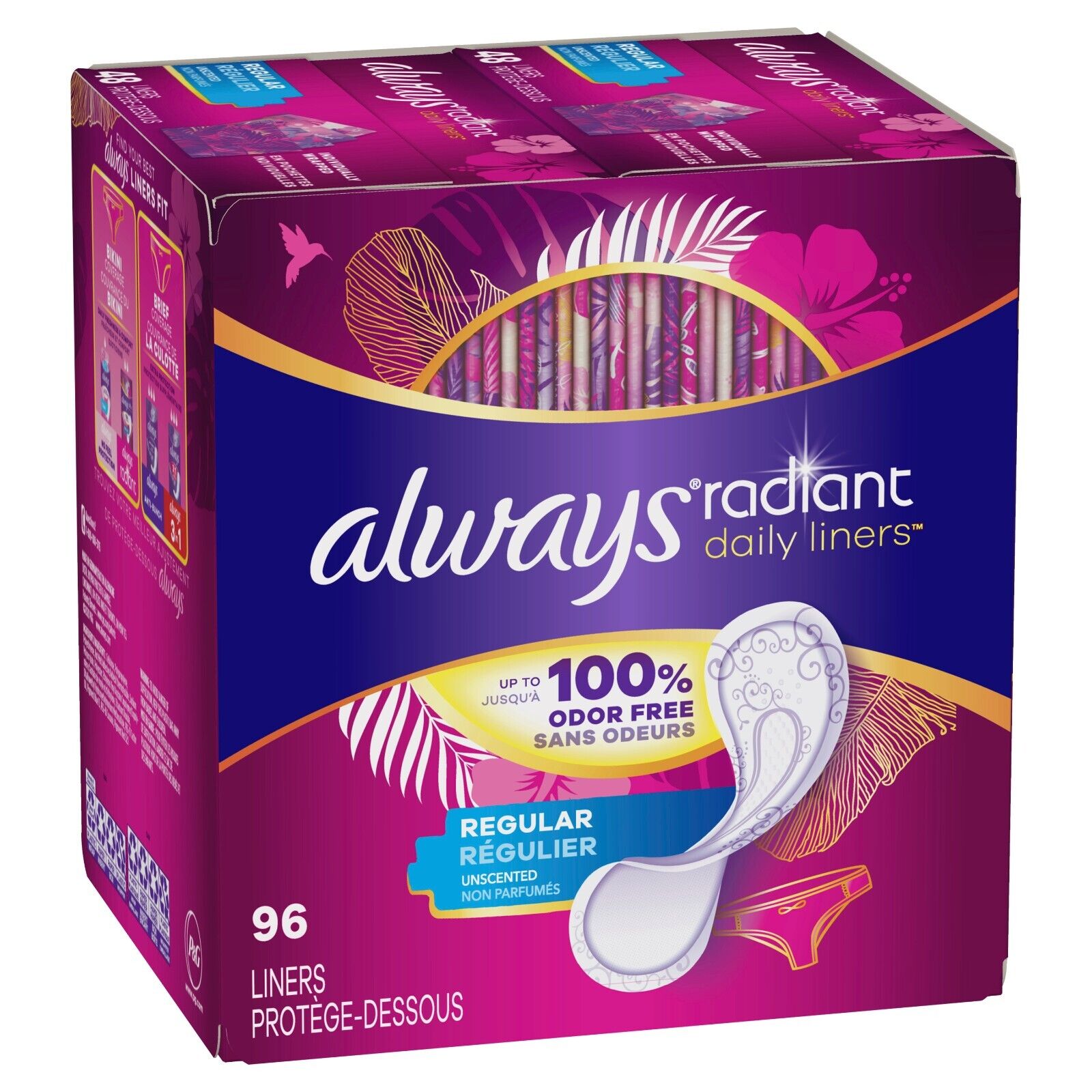Case Of 96 Always Radiant Regular 100% Odor Free Unscented Daily Liners